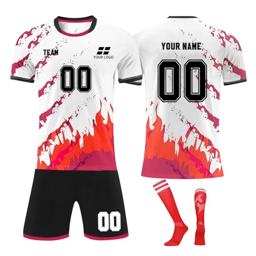 Benutzerdefiniert Fussball Trikot Personalisiertes Football Trikot Kinders Erwachsene mit Name Nummer Team Logo Fußballtrikots T-Shirt und Shorts Personalisierte Fußballtrikot Shorts und Socken Set