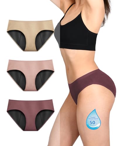 TIICHOO Periodenunterschwäsche Starke Blutung für Menstruation Wochenbett Schwangerschaft Unterhosen Damen 3er Pack (XXL, Braun/Roségold/Beige)