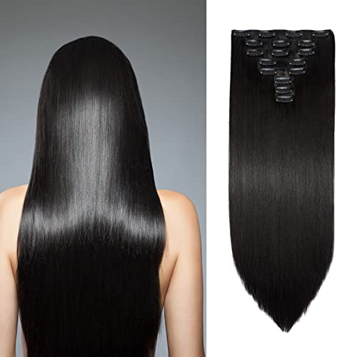 Extensions Clip in Extensions Echthaar 8 Teile 60cm Haarverlängerung Haarteil Glatt Synthetische Haare Natürlich Lang, Dunkelbraun