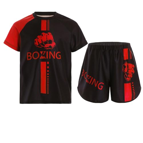 Miutii Jungen Muay Thai Short Kickboxen Kurze Hose + T-Shirt Kinder Boxing Kleidung Kampfsport MMA Thai Trainingsanzug Rot 134-140