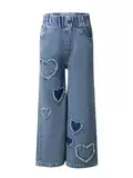 Oyolan Mädchen Jean Hosen Baggy Casual Wide Leg Loch Denim Blau Jeans Hohe Taille Vintage Hose für Kinder Fit Blau 134-140