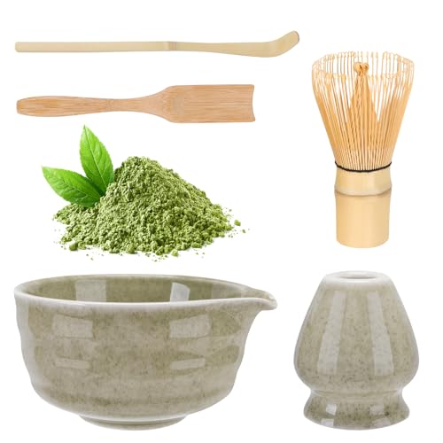 Matcha-Set, inkl. Matcha-Schale mit Ausgießer, Matcha-Schneebesenhalter, Bambus-Matcha-Schneebesen, 2 Bambus-Matcha-Löffel, 17 oz Jadegrünes Matcha-Set für Matcha-Liebhaber