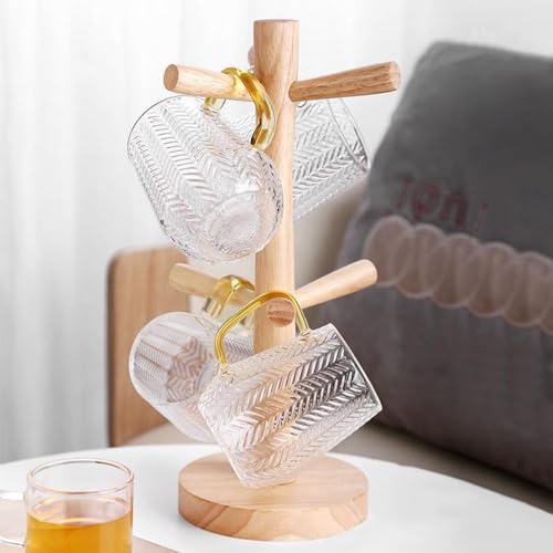 Tassenständer Holz, Hölzerner Brezelständer Tassenhalter, Becherhalter Brezelhalter Tasse Rack Regal Baumbecherhalter Kaffeetassenregal mit 6 Haken für Küchentheke Tabletop