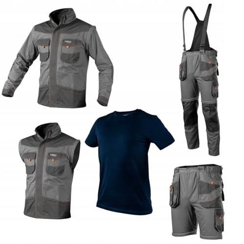 NEO TOOLS Arbeitskleidungssatz | Arbeitshose 6 in 1 (Kurze Hose, Hose, 3/4 Hose, mit oder ohne Hosenträger) + Arbeitsjacke 2 in 1 (Weste, Arbeitsjacke) + T-Shirt (as3, Alpha, l, Regular, Regular)