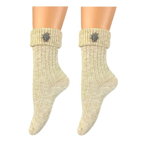 BF Souvenirs Damen und Herren Trachtensocken im modernen Landhaus-Stil mit Edelweiß-Pin – handgekettelte Naht – Qualitätssocken mit Leinen Anteil – Oktoberfest Volksfest Tracht Landhaus