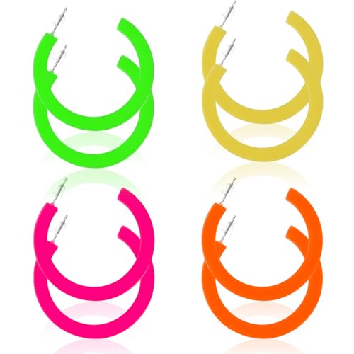 4 Paar Neon Ohrringe Bunt 80er Jahre Accessoires Bunte Ohrringe Damen Neon Ohrringe Acryl Ohrringe Bunte Anhänger Trendige Ohrringe C-Form Mode Dicke Hoop Earrings Für Damen Party Kostümzubehör