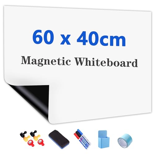 JOMUSAGA Whiteboard Folie, 60 x 40 cm, magnetisch selbstklebende Weißwandtafel Folie, Whiteboard Sticker DIY, inklusive Marker, Schwamm und Magnete, für Schule, Büro und Zuhause