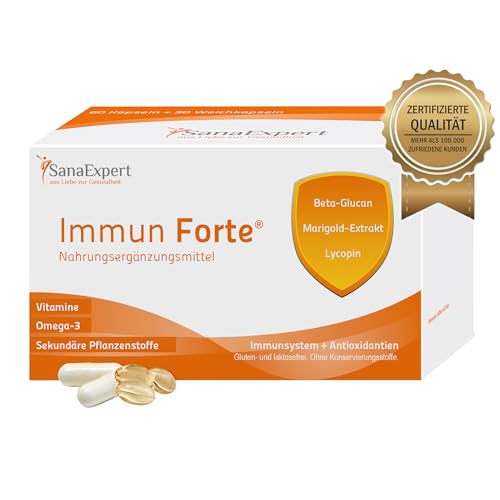 Immun Forte, Vitamin Komplex und Mineralien für das Immunsystem, Omega-3-Fettsäuren, Beta-Glucan, Ringelblumen-Extrakt, Lycopin und Lutein, 90 Kapseln (69 g) - SanaExpert