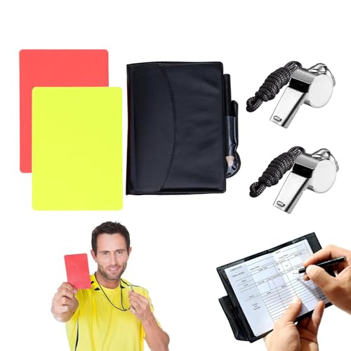 Olakin Schiedsrichter Karten Set, Schiedsrichterkarten, PCV Rote Karte Gelbe Karte mit Stiftezubehör und 2 Whistle, Knackige Klangpfeifen für Trainer, Schiedsrichter