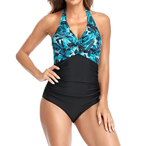 Sweetneed chida yi einteiliger Badeanzug bademode v Ausschnitt Damen Badeanzug bauchweg Push up Bademode Swimsuit high Waist Schwimmanzug (Blau,S)