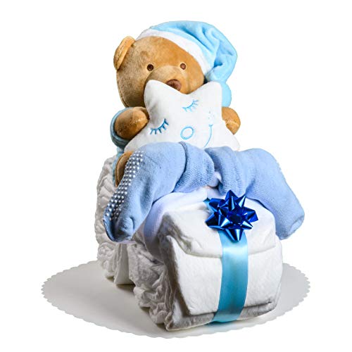 Windeltorte Junge in Blau – Motorrad mit Kuscheltier, Geschenk zur Geburt & Taufe – Handgefertigte Baby Windeltorte mit Windeln, Mullwindel & Glückwunschkarte