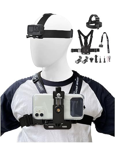 WLPREOE Handy Brustgurt mit Kopfhalterung, Brusthalterung Kopfgurt für iPhone & Samsumg, Freisprecheinrichtung Zubehör für POV/VLOG, Immersive Filmen Videos,Youtube,Tiktok - Chest Head Mount für GoPro