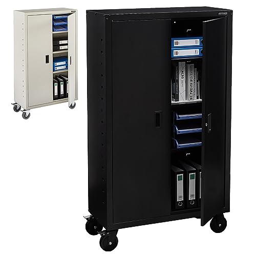 Arebos Aktenschrank | Büroschrank | inkl. 4 Rollen-Set | 155 x 90 x 40 | 2 Türen | mit 3 Höhenverstellbaren Einlegeböden | mit Zylinderschloss | Schwarz
