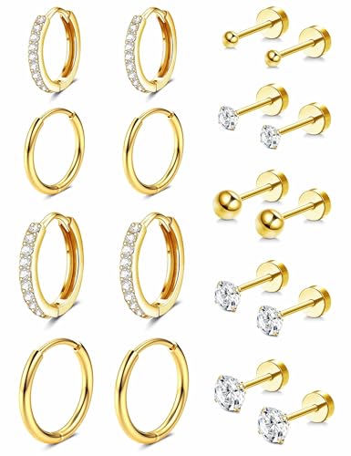 Diamday 9 Paar Ohrringe Gold Set, Creolen Gold Kleinfür für Damen Herren Ohrstecker Mehrfachpiercing Hypoallergene 14K Vergoldet Kleine Knorpelohrringe Hypoallergen Huggie Helix Knorpel Ohrringe