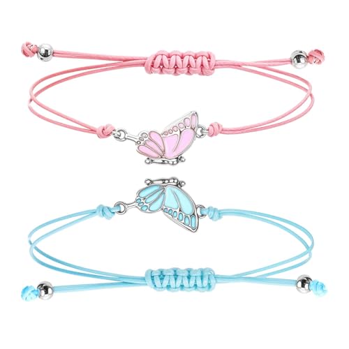 Abeillo Freundschaftsarmbänder,2 Stück Verstellbare Schmetterling Freundschaftsarmband,Mädchen Beste Freundin Armband,Einfaches Schmetterlingsarmband für Damen Freunde Matching Bracelets(Blau + Rosa)