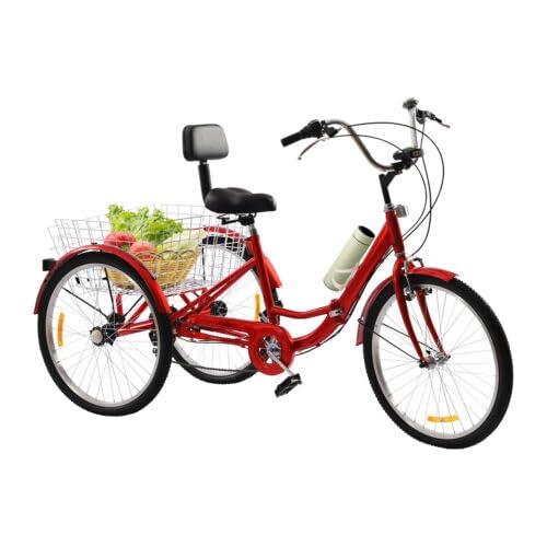 awolsrgiop Dreirad für Erwachsene 24 Zoll Klappbar, 3 Räder 7 Gang Adult Fahrrad Erwachsenendreirad Dreirad Fahrrad Tricycle Fahrrad Cruise Bikes Mit LED Licht Gemüsekorb Becherhalter (Rot)