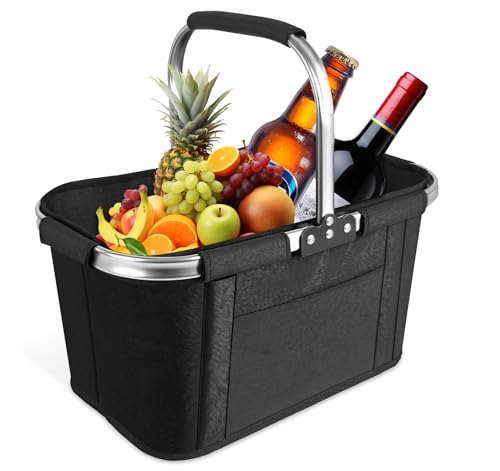 Truevaste Einkaufskorb Faltbar 30L, Großer Muttikorb mit Edelstahlrahmen, Korb Einkaufen aus 600D Oxford-Gewebe Wasserfest & Klappbar, Tragekorb für Supermarkt, Picknick, Auto, Reisen, Haushalt