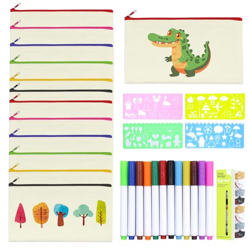 FINEASY 12 Stück DIY Stoff Federmäppchen, Stoffbeutel Reißverschluss, Taschen zum Bemalen für Kinder mit 12 Farbigen Stiften und 4 Pcs Malen Schimmel für Basteln Aufbewahrung Kindergeburtstag