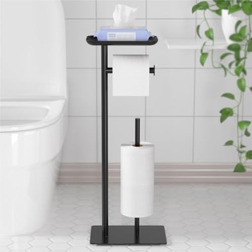 Freistehender Toilettenpapierhalter mit Ablagefläche Oben, schwarzer Toilettenpapierhalterständer, Boden-Klopapierhalter Stehend mit Platz für 4 Rollen