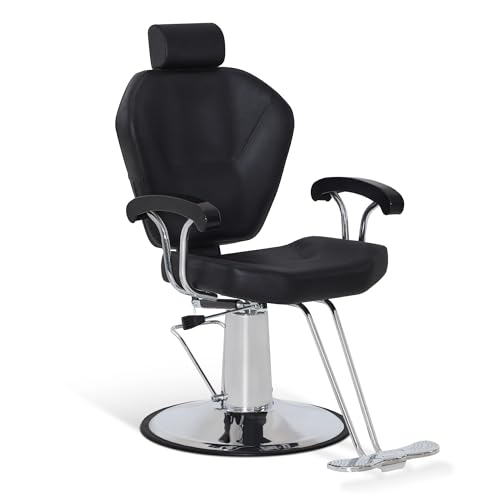 Barberpub Friseurstuhl mit Kopfstütze, Friseurstühle mit Hydraulikpumpe 360° Drehbar, Friseureinrichtung Höhenverstellbar, Barber Stuhl PVC Kunstleder, 8816 (Schwarz)