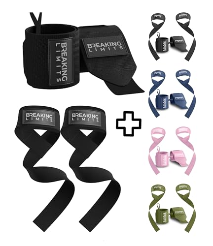 Handgelenk Bandagen Gym + Zughilfen Krafttraining (2er Set) – Lifting Straps & Wrist Wraps – Zughilfe & Griffhilfen für Bodybuilding & Kraftsport – Fitness Zubehör für Frauen & Herren