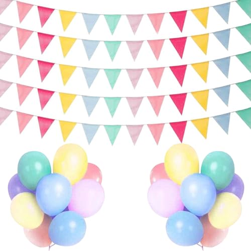 Forhome Wimpelkette, 5 Stück 4M Wimpelkette Outdoor Mehrfarbig Dreieck Flaggen mit 18Pcs Bunte Luftballons, Leinenimitat Wimpel für Geburtstag Party Hochzeit Girlande Dekoration Indoor Outdoor