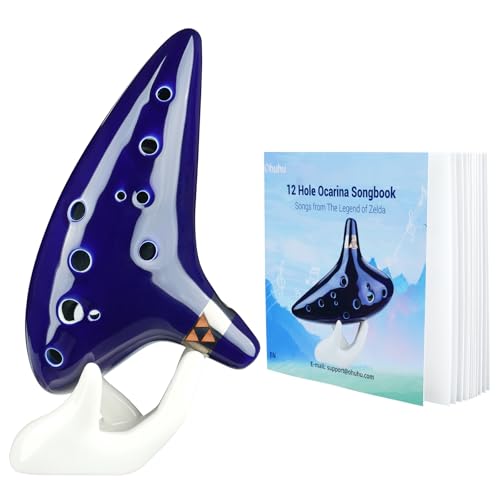 Ohuhu Zelda Ocarina, 12-Loch-Okarina von the Legend of Zelda, Zelda Alto C Triforce Link-Cosplay Geschenk für Zelda-Fans mit Ausstellungsstand Schutztasche Notenschrift, Ceramic Replica, Blau