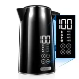 Wasserkocher mit Temperatureinstellung [1.7L], LCD Temperaturanzeige [von 40 °C bis 100 °C], FOHERE Doppelwand Wasserkocher Schwarz, 240 Min Warmhalten, Leises und schnelles Aufheizen [2200W]