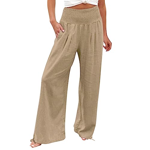 Hose Damen Größe Lässige, feste Damenhose mit hoher Taille, lockerem, weitem Bein, gemütliche Hose, bequeme Hose mit geradem Bein, -Hose mit Taschen Baggy Hose Damen Baggy (24-0313D-Khaki, XXL)