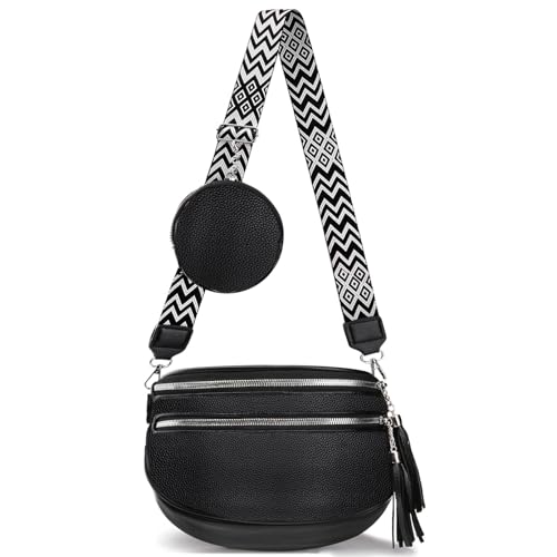 GYBOOM Crossbody-Taschen für Frauen, moderne Doppel-Reißverschluss-Brusttasche, verstellbarer Schultergurt breite Gürteltasche Hüfttasche mit Münzgeldbeutel PU Leder Pendeln Reisen (schwarz)