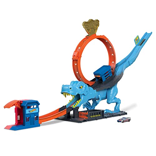 Hot Wheels Autorennbahn T-Rex Angriff, Geschicklichkeitsspiel durch genaues Timing und Zielen, mit Looping Track, Auto Spielzeug, Spielzeug ab 4 Jahre, HNP77