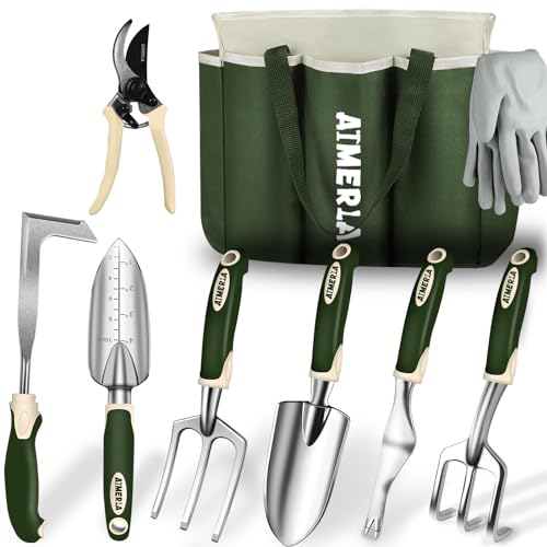 Aimerla Gartengeräte-Set, 9 Stück, robuste Gartengeräte mit rutschfestem Gummigriff mit großer Gartentasche für Werkzeuge, langlebige Handwerkzeuge für Gartenarbeit, Jäten, Gartenarbeit, Geschenke für