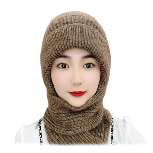 Integrated Ear Protection Windproof Cap Scarf, Knitting Thick Warm Ear Guard Hat (Khaki,ONE Size)