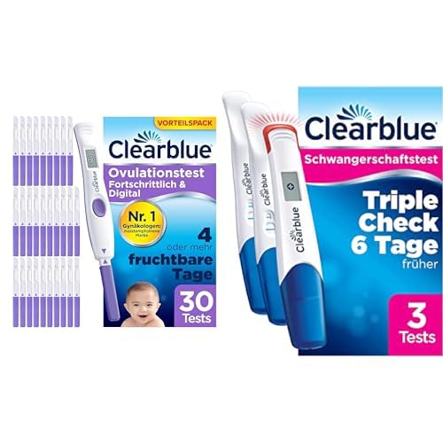 Clearblue Kinderwunsch Ovulationstest Kit, 30 Tests + 1 Digitale Halterung + 3 Triple-Check Schwangerschaftstest Frühtests für Ergebnisse 6 Tage früher, Pregnancy Test & Fruchtbarkeitstest für Frauen