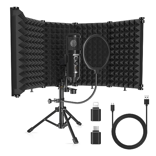 SwaykTech Studio Aufnahme Mikrofon Mit Isolationsschirm, Pop Filter und Metall Tischstativ, Studio Mikrofon für PC, Laptop Und Smartphone, Musikmikrofon für Gesangs Und Podcast Aufnahmen