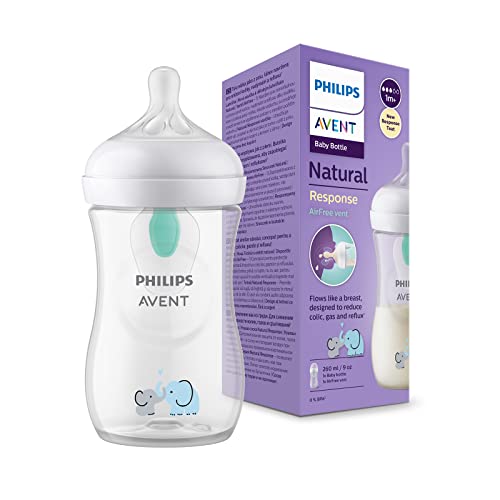 Philips Avent Natural Response Babyflaschen – Babyflaschen mit AirFree Ventil, 260 ml, BPA-frei, für Neugeborene ab 1 Monat, Elefantenmotiv (Modell SCY673/81)