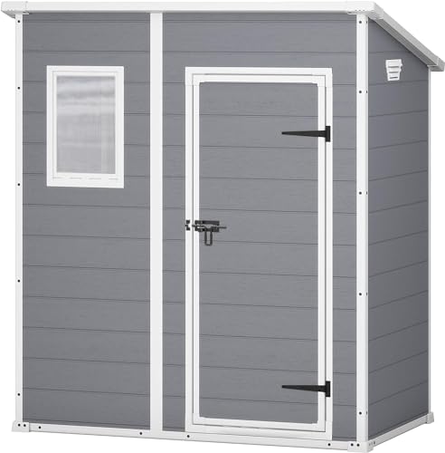 Keter Manor Pent 6x4 Gartenhaus wetterfest, Kunststoff, Outdoor, Außenmaße: BxTxH:183.5 x 111 x 200.5 cm, Innenmaße: 168.5 x 97 x 154 cm, grau