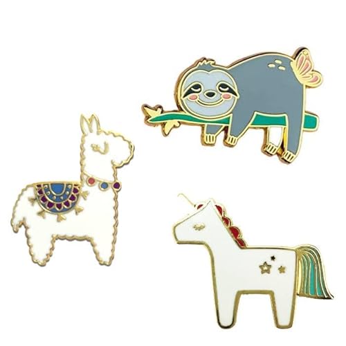 3er Ansteck-Pin-Set: Faultier, Einhorn und Alpaka | Kleine Geschenke für Mädchen | Schmuck Geschenkidee | Lustige, witzige Anstecker-Broschen für Kinder