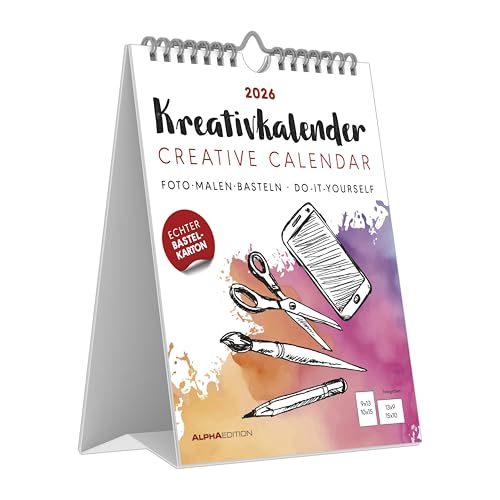 Kreativ-Kalender Tischaufsteller hoch weiß 2026 - 16 x 20 - Foto, Malen, Basteln A4 - datiert - Kreativkalender - Foto-Kalender - Alpha Edition