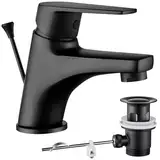 CECIPA Wasserhahn Bad Schwarz, Waschtischarmatur mit Zugstange und Ablaufgarnitur, Mischbatterie Waschbecken, Badarmatur mit Auslaufhöhe 57mm, Waschbeckenarmatur Messing, Badezimmer Armatur