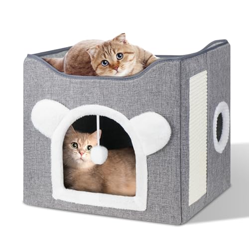 Furjoy Katzenbetten für Indoor Katzen, Faltbares Katzenhaus, Katzenhöhle 2 Schicht Würfel Großer Raum Katzenbett mit Kratzbrett und Spielball, 15.8 x 15.8 x 15inches