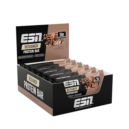 ESN Designer Bar Box, Hazelnut Nougat, 12 x 45 g, der ideale Snack mit bis zu 14 g Protein pro Riegel, geprüfte Qualität - made in Germany