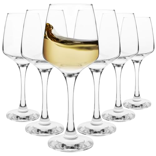 Homiu, Florence – Design Weißweingläser 6er Set, Kapazität 330ml – spülmaschinengeeignet - Weißwein-Kelch mit langem Stiel – bauchige Form für Aromaentfaltung – hohe Qualität – mundgeblasen