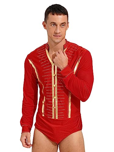 MSemis Herren Body Langarm Tanzbody Ballettanzug Hemdbody V-Ausschnitt Gymnastik Latein Tanz Hemd Trikot Leotard Tango Rumba Tanzanzug Rot XL