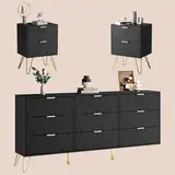 UEV Schlafzimmer Komplett-Set in schwarz, 3er-Set Schlafzimmermöbel, Kommode mit 9 Schubladen und 2er-Set Nachttisch, Goldene Griffe und Füße, Linienmuster, Skandinavisch für Wohnzimmer, Schlafzimmer
