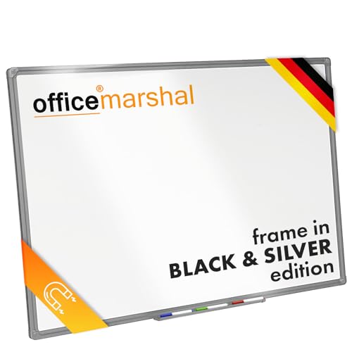 OfficeMarshal Magnettafel Whiteboard 60 x 90 cm mit Alurahmen silber | Magnetisches Whiteboard mit Stiftablage | Memoboard Magnetwand trocken abwischbar (silberner Rahmen)