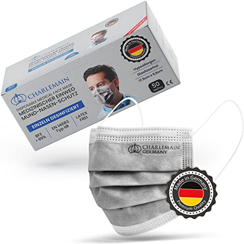 Charlemain 50x OP Masken, Made in Germany, EN 14683 Typ IIR, Medizinischer Mund-Nasen-Schutz, BFE >99,9% 3-lagig, Latexfrei, MNS, Einweg-Gesichtsmasken - Grau