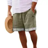 Kurze Hosen Herren Leinen Short Hosen Retro Ethno Druck Hosen Elastische Taille Mit Kordelzug Lockere Passform Kurze Hosen Mit Taschen Loose Bermuda Sport Shorts Freizeithose(#C Army Green,XL)