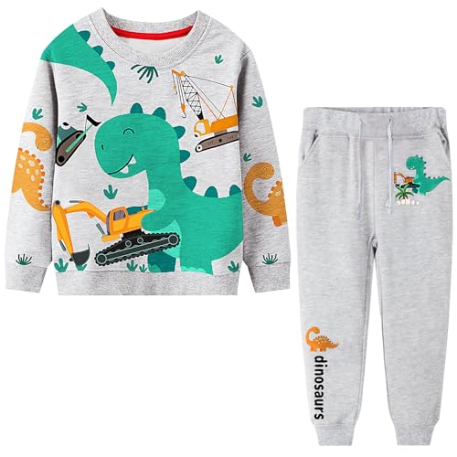 Baogaier Jogginganzug Kinder Jungen Sportanzug Dinosaurier Trainingsanzug Langarm Baumwolle Pullover Anzug Freizeitanzug Grau Sportbekleidung 4 5 Jahre, Gr.104-110 Sweathose Sport Set