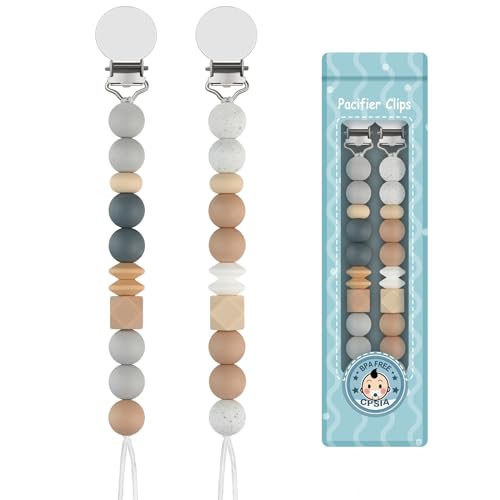 Kowlone Schnullerkette Junge mädchen Silikon Dummy Clips Schnullerband Schnullerketten Schnuller Clips Halter für Babydusche 2-Pack(Beige,Grau)